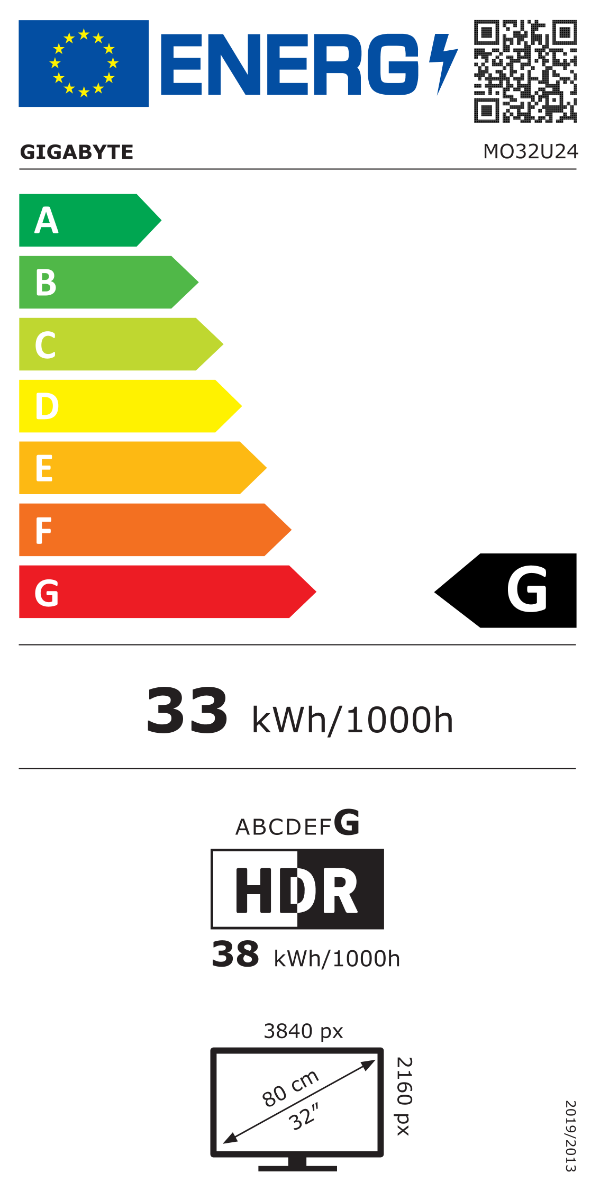 Energimærkning for Gigabyte MO32U24 32" UHD QD-OLED 240Hz Skærm